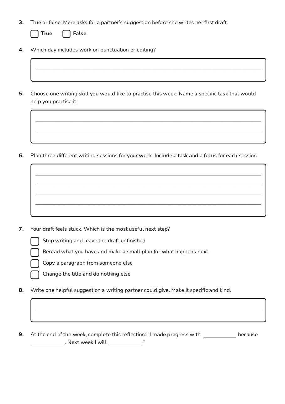 Weekly Writing Literacy Timetable, page 2 of 2: 3. True or false: Mere asks for a partner’s suggestion before she writes her first draft.