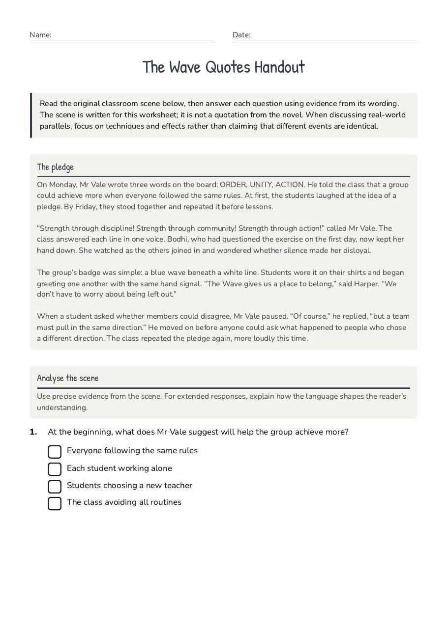The Wave Quotes Handout, page 1 of 4: The pledge, Analyse the scene