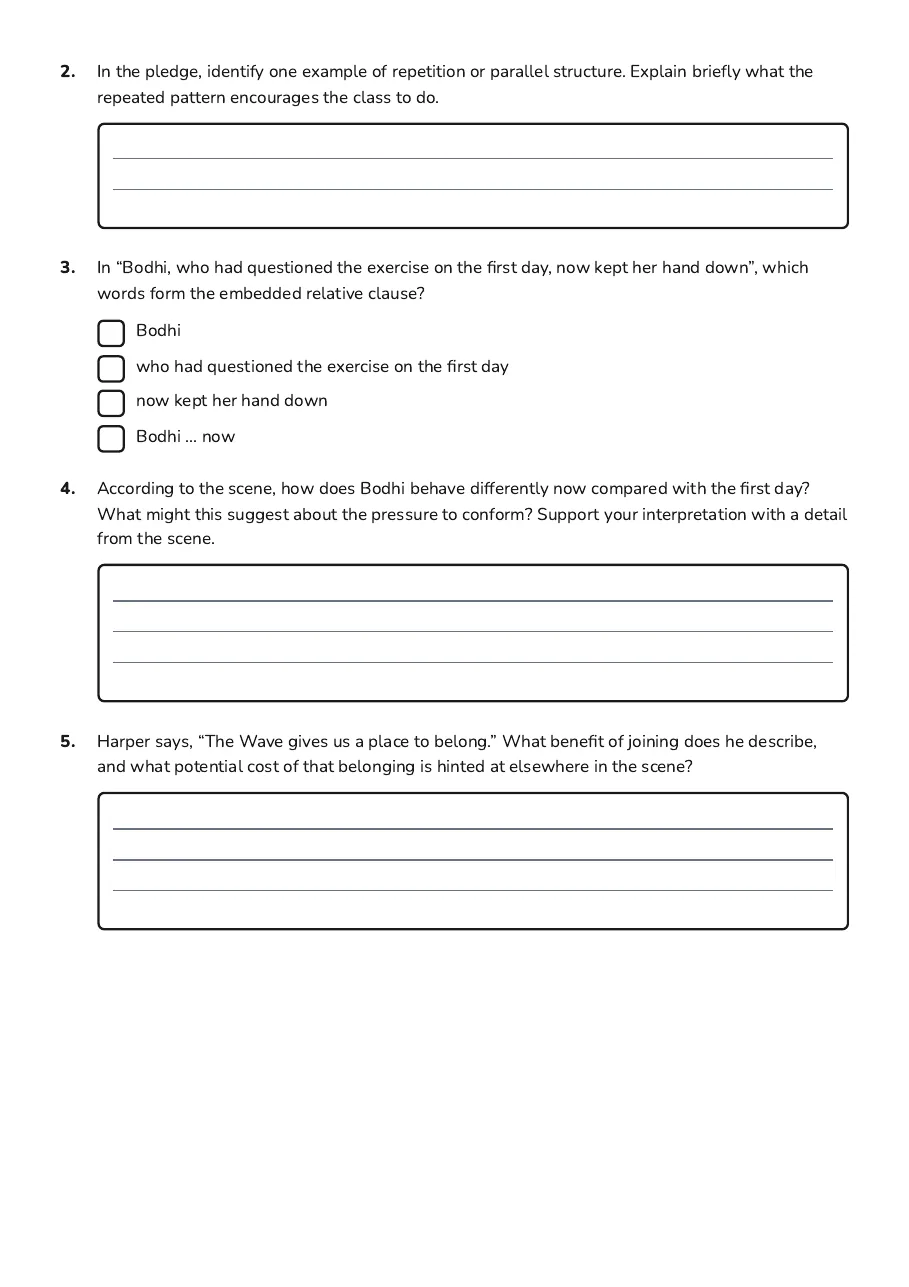 The Wave Quotes Handout, page 2 of 4: 2. In the pledge, identify one example of repetition or parallel structure. Explain…