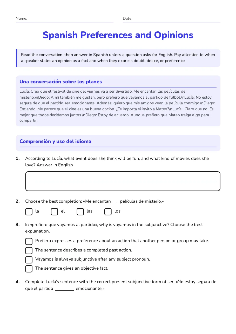 Spanish Preferences and Opinions, page 1 of 3: Una conversación sobre los planes, Comprensión y uso del idioma