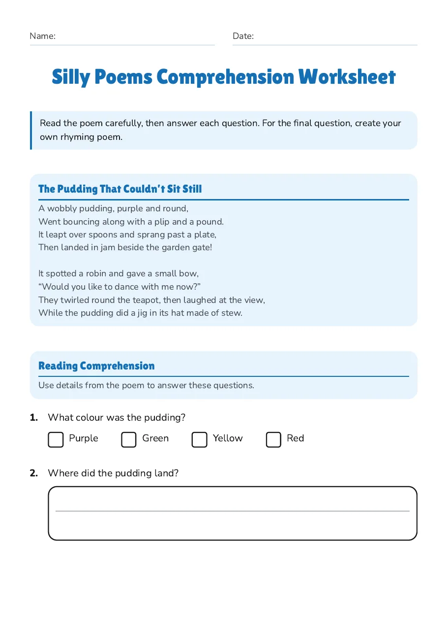 Silly Poems Comprehension Worksheet, page 1 of 3: The Pudding That Couldn’t Sit Still, Reading Comprehension