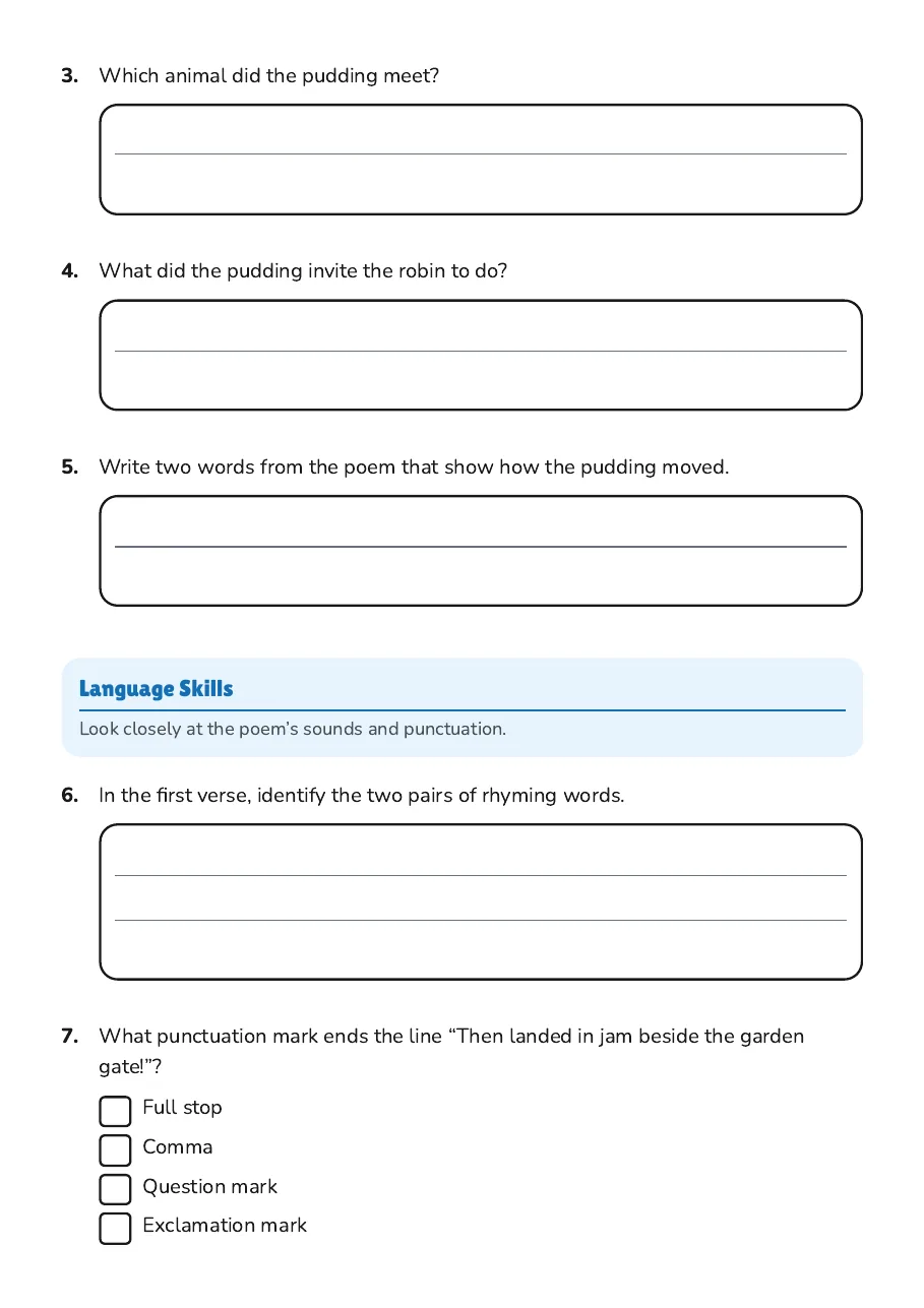 Silly Poems Comprehension Worksheet, page 2 of 3: Language Skills
