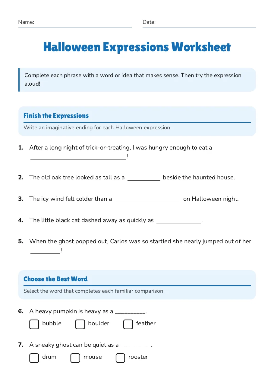 Halloween Expressions Worksheet, page 1 of 2: Finish the Expressions, Choose the Best Word