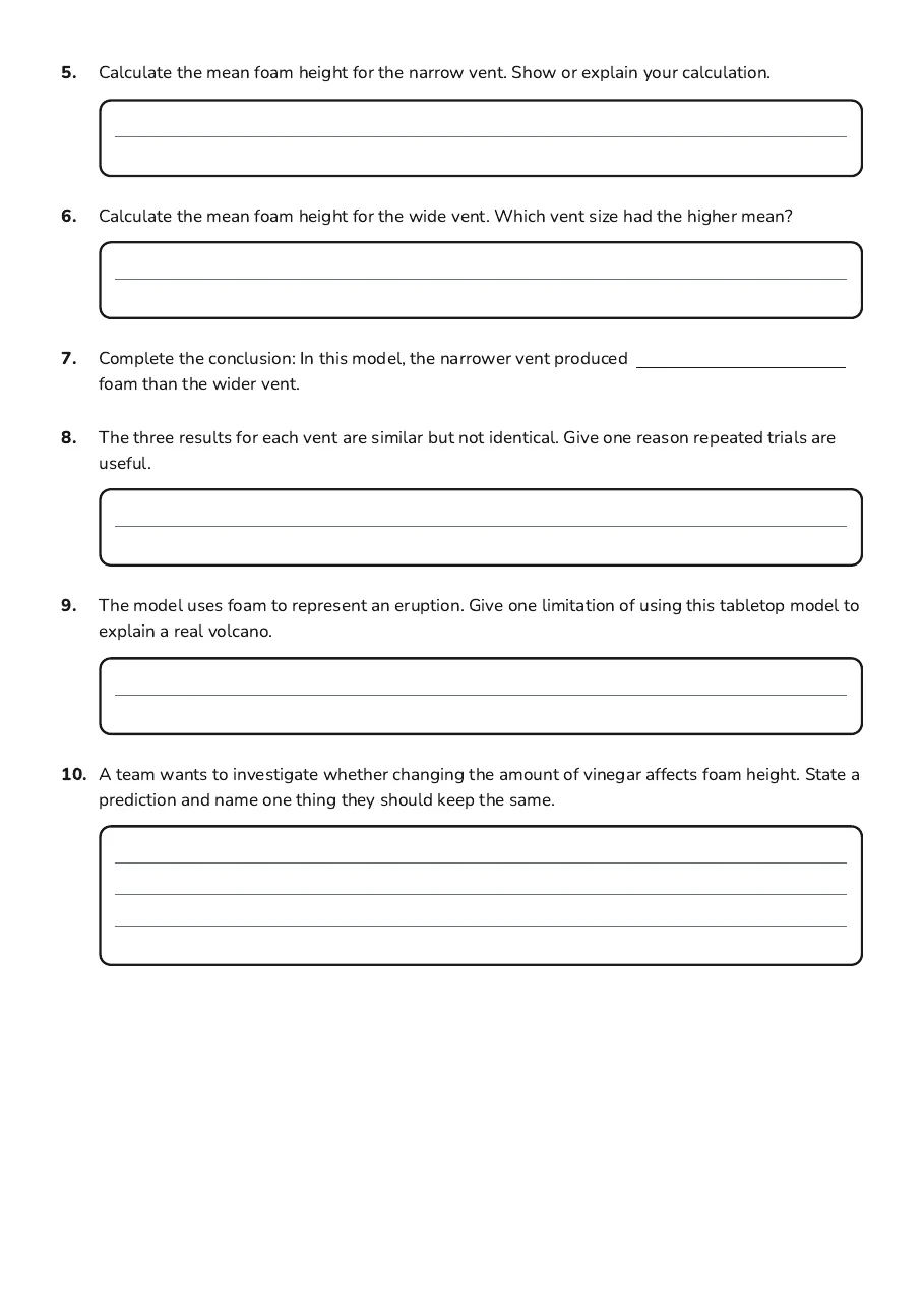Volcano Simulation Experiments, page 2 of 2: 5. Calculate the mean foam height for the narrow vent. Show or explain your calculation.