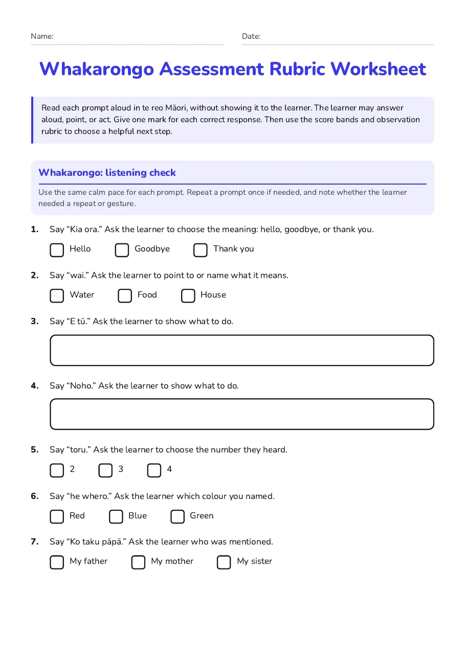 Whakarongo Assessment Rubric Worksheet, page 1 of 3: Whakarongo: listening check