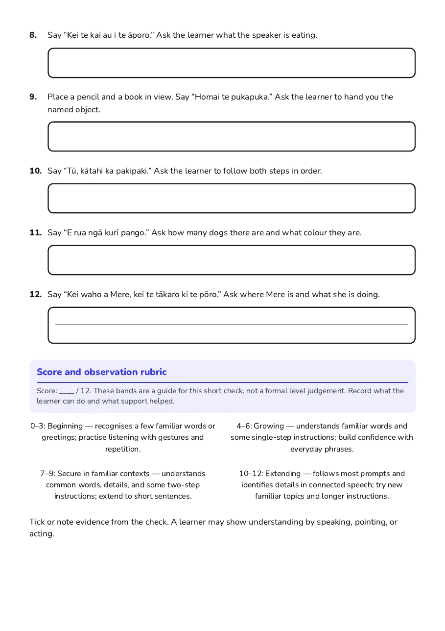 Whakarongo Assessment Rubric Worksheet, page 2 of 3: Score and observation rubric