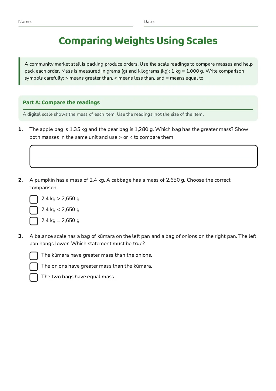 Comparing Weights Using Scales, page 1 of 3: Part A: Compare the readings