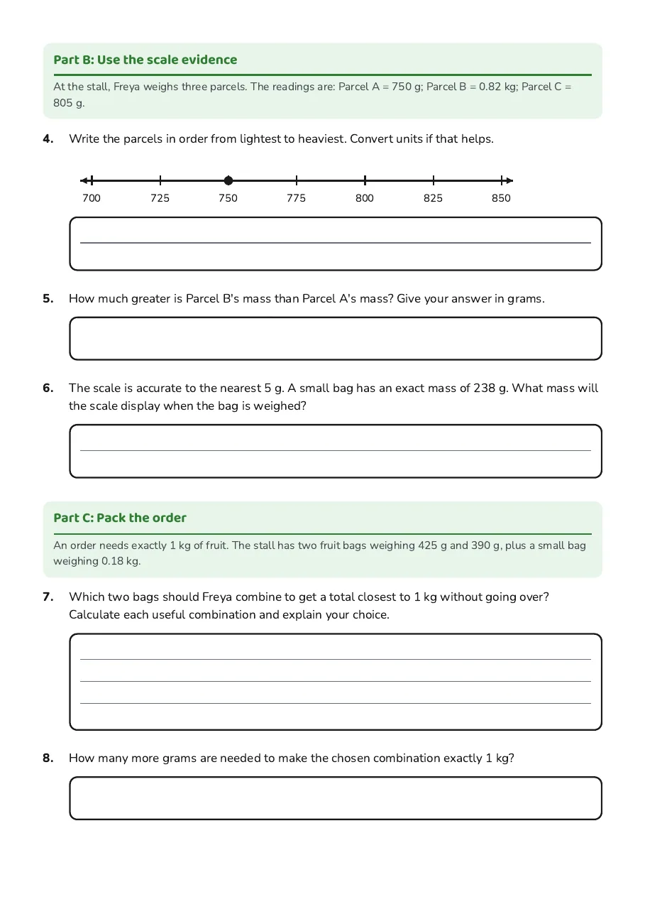 Comparing Weights Using Scales, page 2 of 3: Part B: Use the scale evidence, Part C: Pack the order