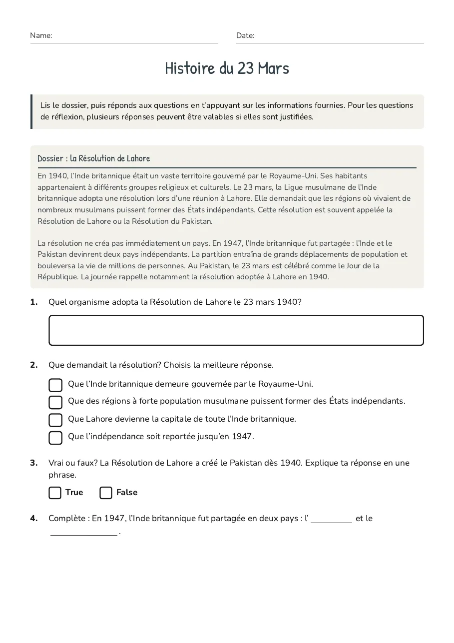 Histoire du 23 Mars, page 1 of 3: Dossier : la Résolution de Lahore