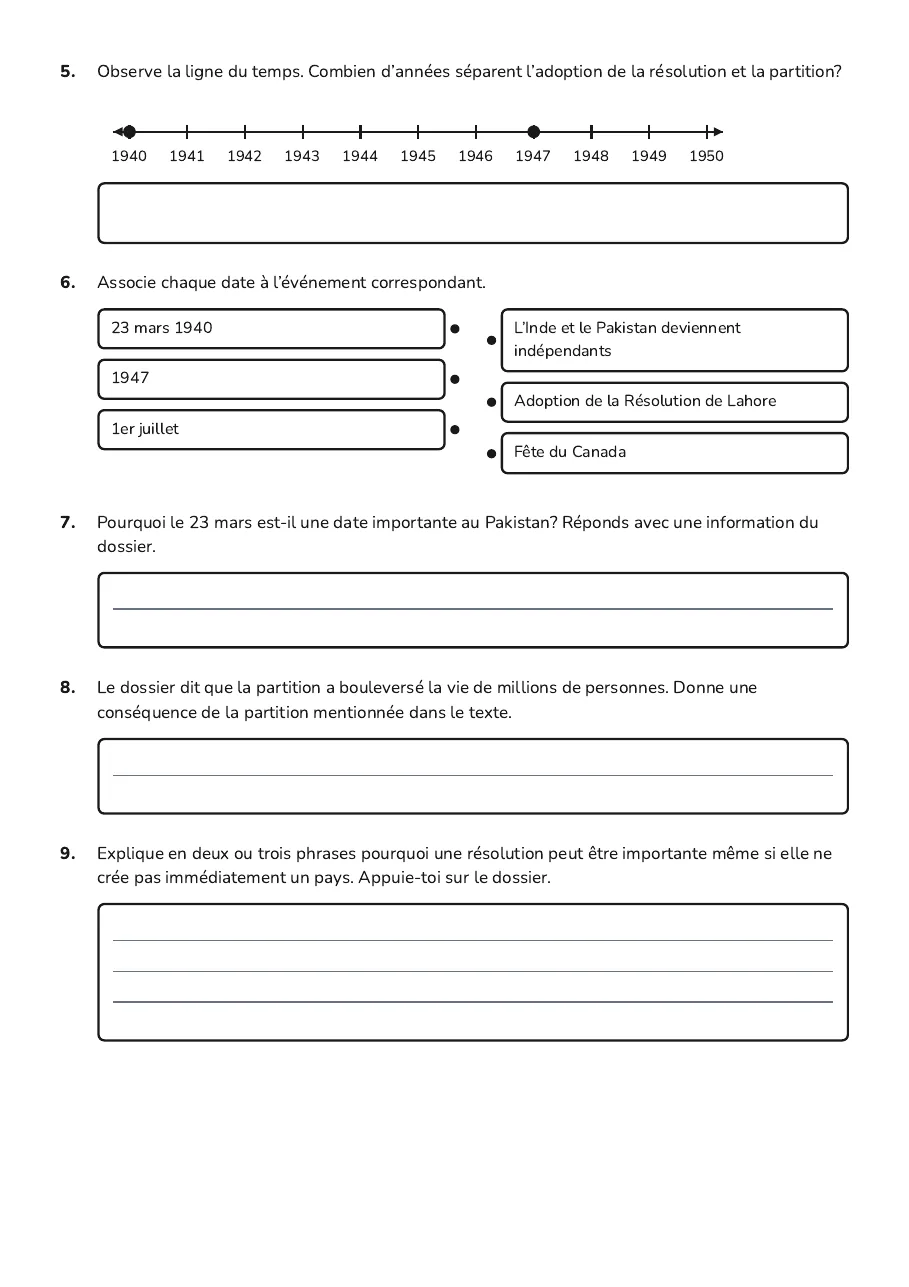Histoire du 23 Mars, page 2 of 3: 5. Observe la ligne du temps. Combien d’années séparent l’adoption de la résolution et la…