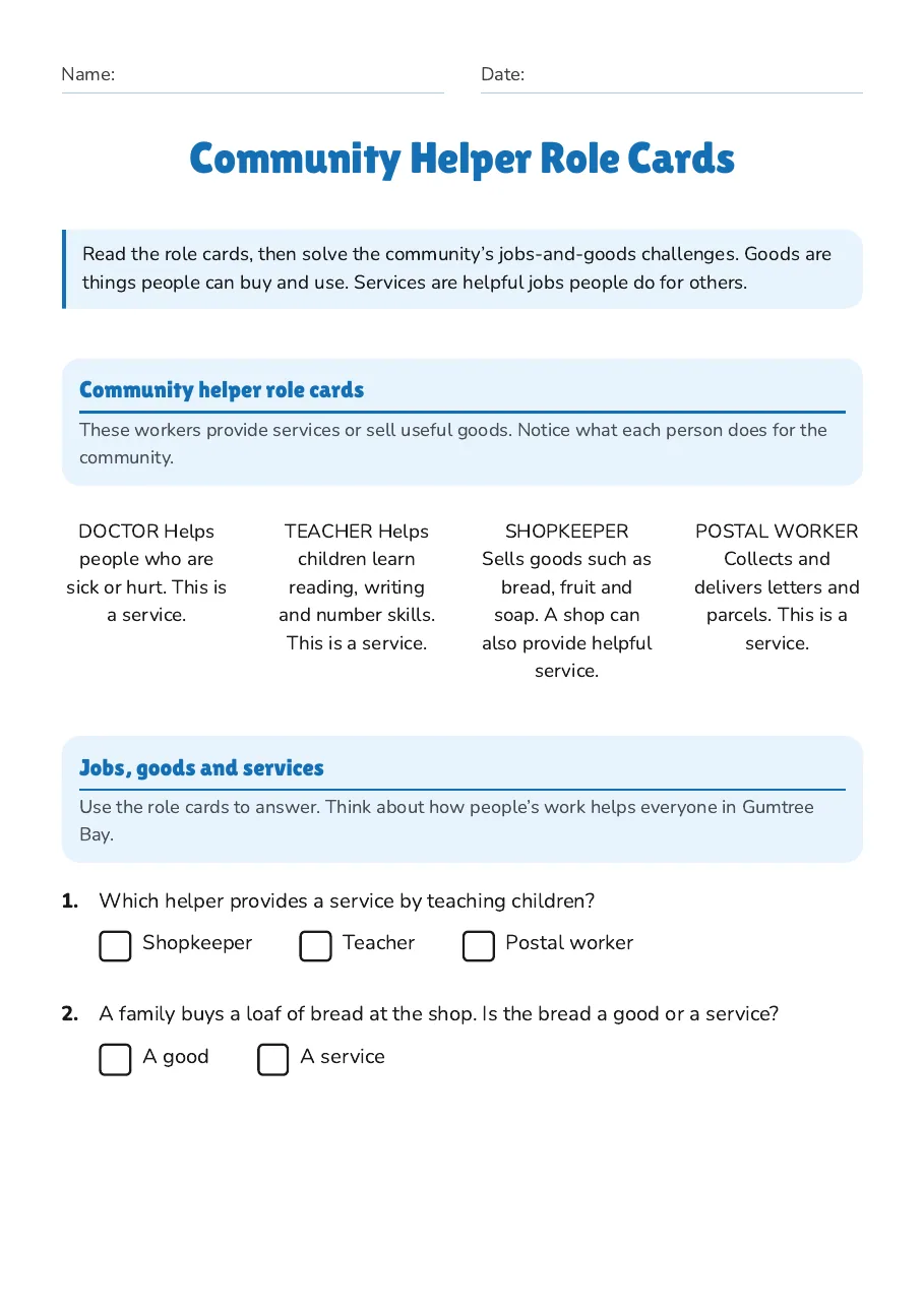 Community Helper Role Cards, page 1 of 2: Community helper role cards, Jobs, goods and services