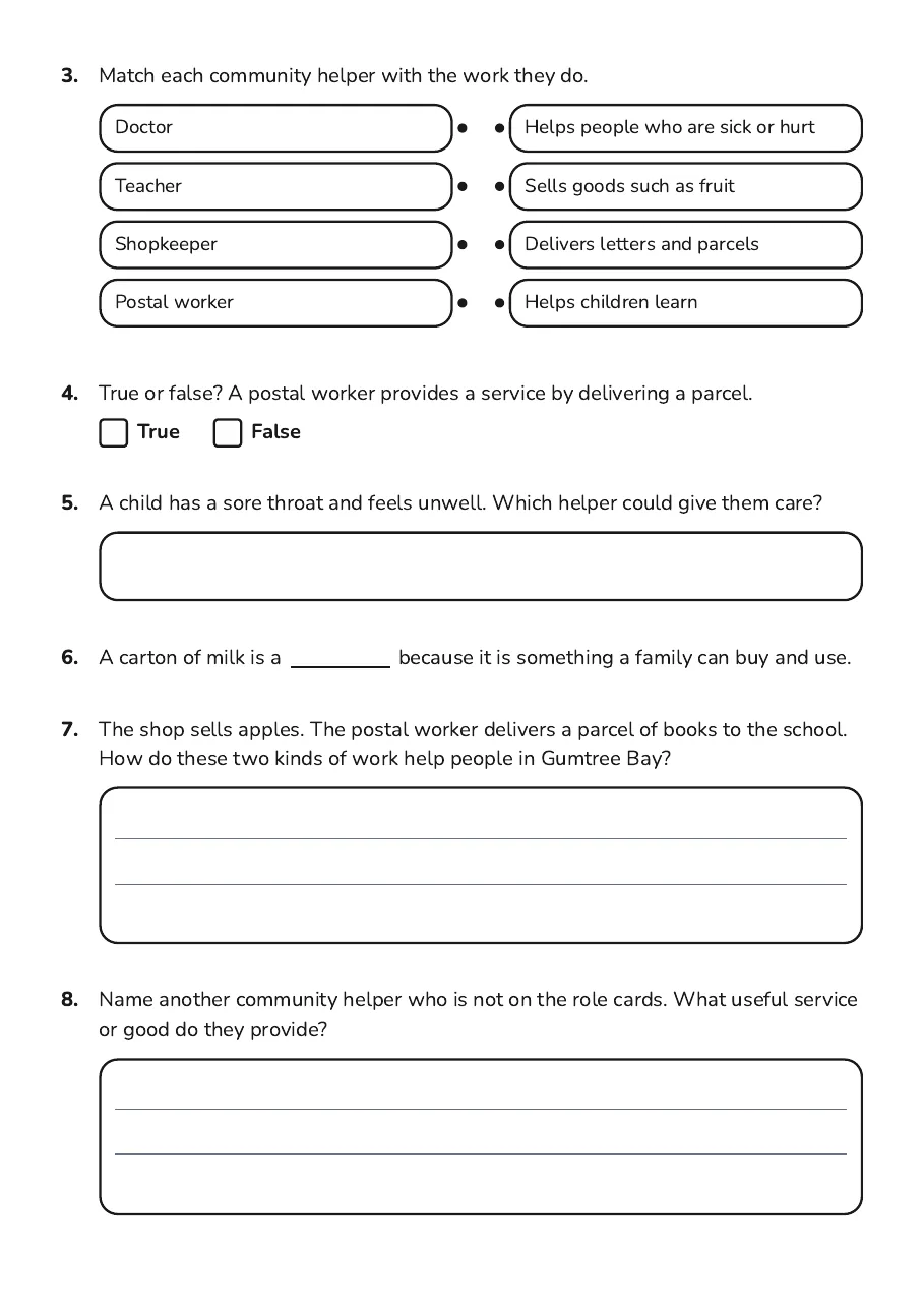 Community Helper Role Cards, page 2 of 2: 3. Match each community helper with the work they do.