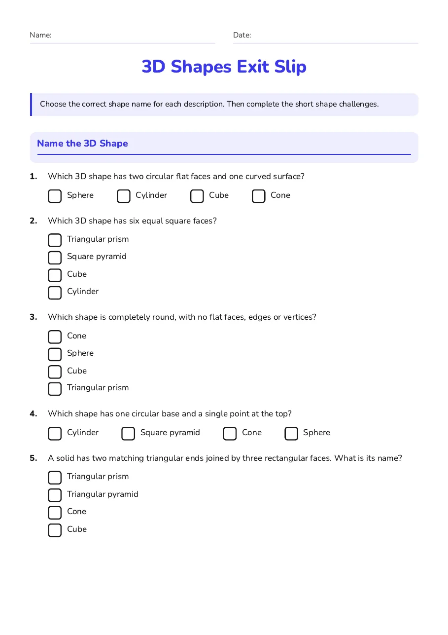 3D Shapes Exit Slip, page 1 of 3: Name the 3D Shape