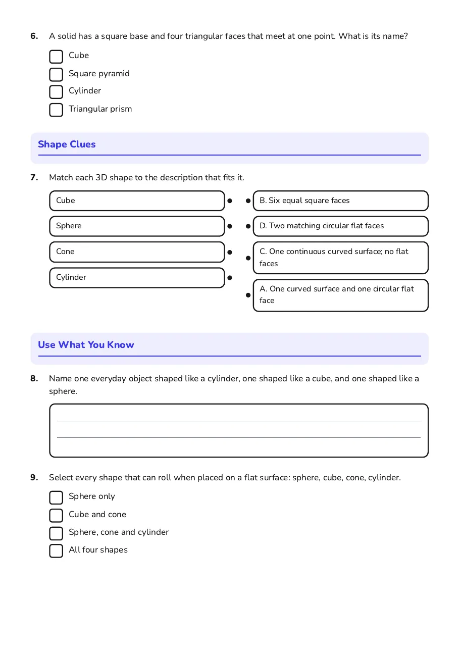 3D Shapes Exit Slip, page 2 of 3: Shape Clues, Use What You Know