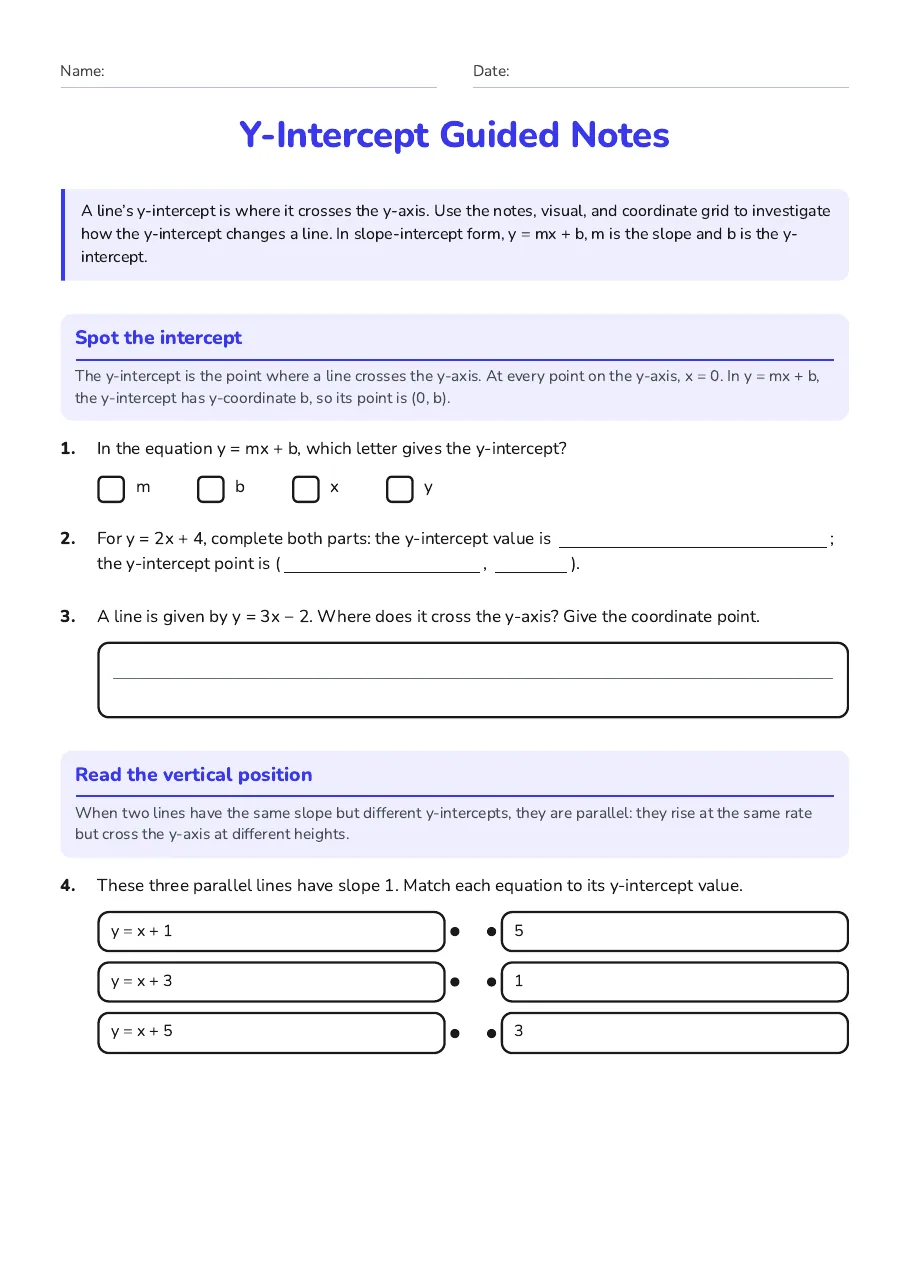 Y-Intercept Guided Notes, page 1 of 3: Spot the intercept, Read the vertical position