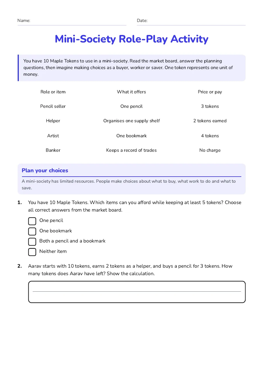 Mini-Society Role-Play Activity, page 1 of 3: Plan your choices