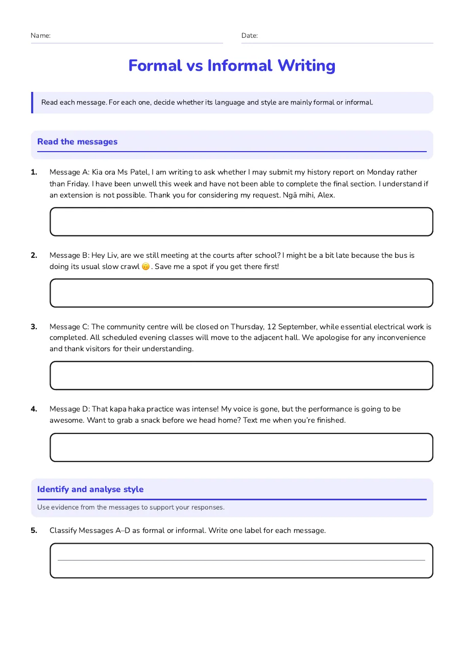 Formal vs Informal Writing, page 1 of 2: Read the messages, Identify and analyse style
