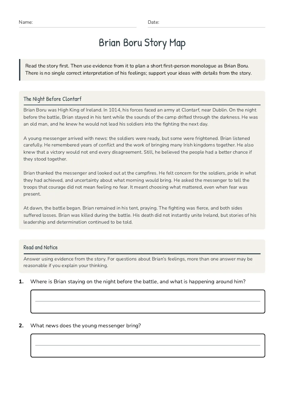 Brian Boru Story Map, page 1 of 3: The Night Before Clontarf, Read and Notice