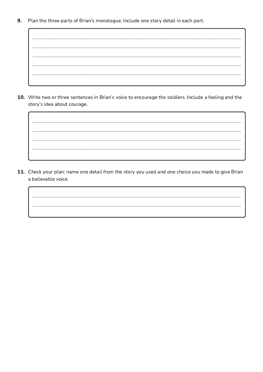 Brian Boru Story Map, page 3 of 3: 9. Plan the three parts of Brian’s monologue. Include one story detail in each part.