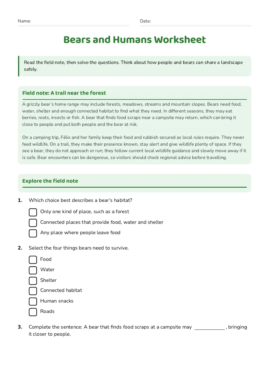 Bears and Humans Worksheet, page 1 of 3: Field note: A trail near the forest, Explore the field note