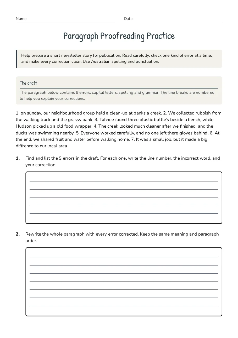 Paragraph Proofreading Practice, page 1 of 2: The draft