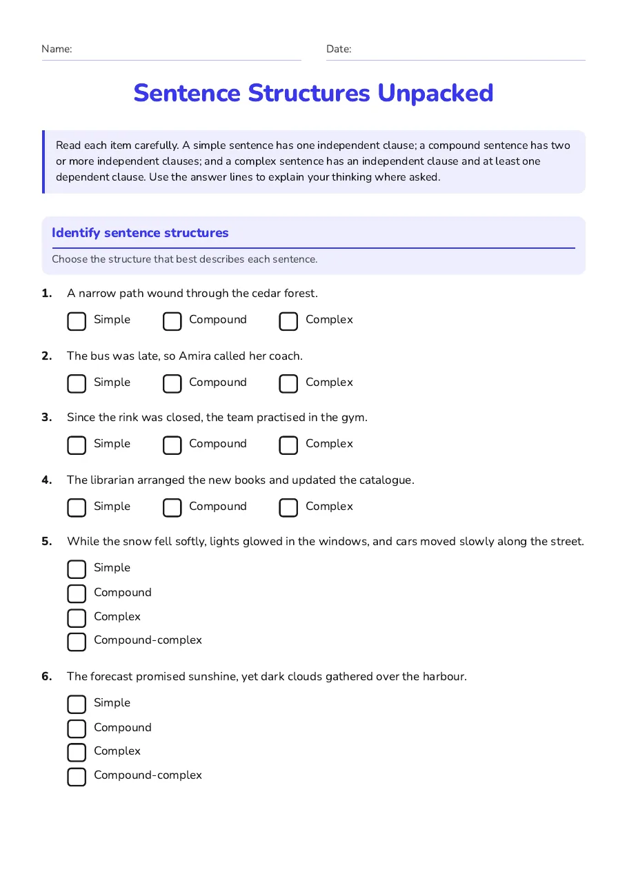 Sentence Structures Unpacked, page 1 of 4: Identify sentence structures