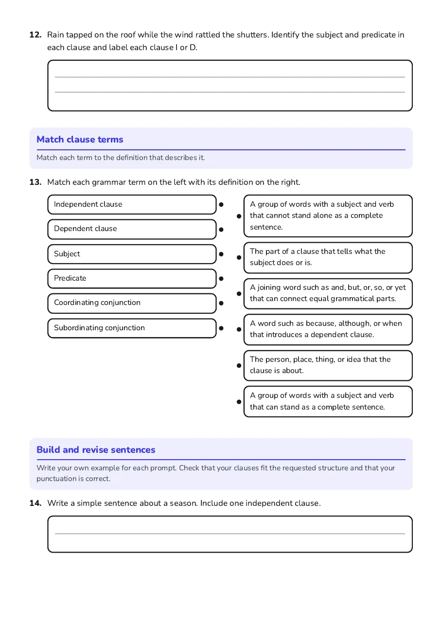 Sentence Structures Unpacked, page 3 of 4: Match clause terms, Build and revise sentences
