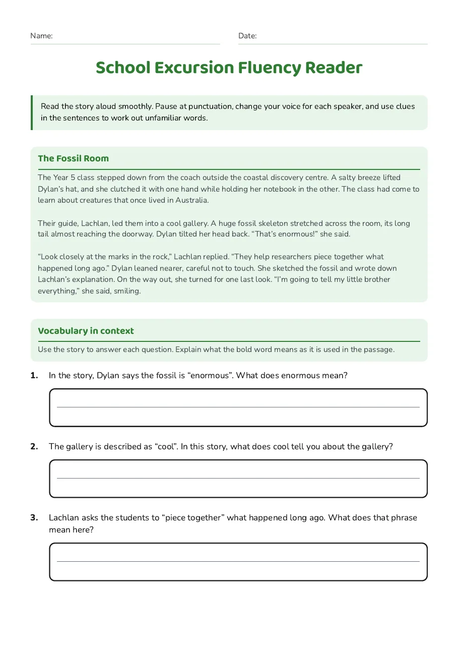 School Excursion Fluency Reader, page 1 of 2: The Fossil Room, Vocabulary in context