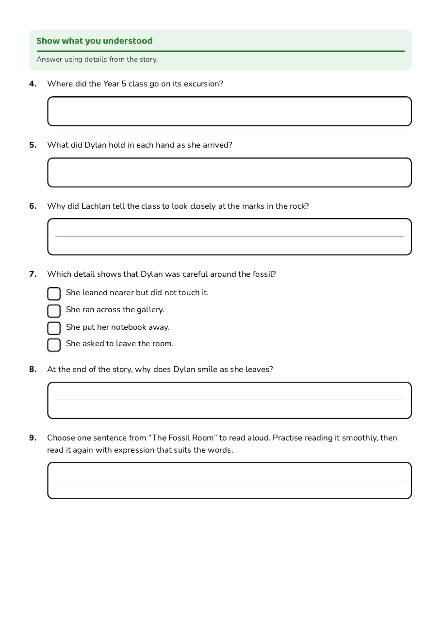 School Excursion Fluency Reader, page 2 of 2: The Fossil Room, Show what you understood