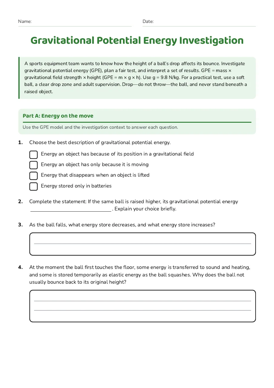 Gravitational Potential Energy Investigation, page 1 of 3: Part A: Energy on the move