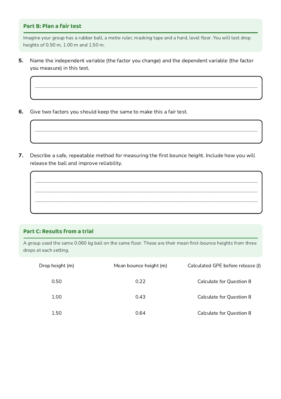 Gravitational Potential Energy Investigation, page 2 of 3: Part B: Plan a fair test, Part C: Results from a trial