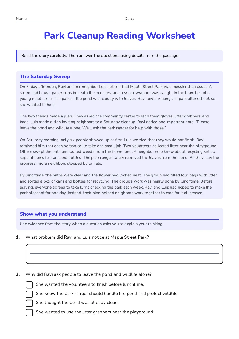 Park Cleanup Reading Worksheet, page 1 of 3: The Saturday Sweep, Show what you understand