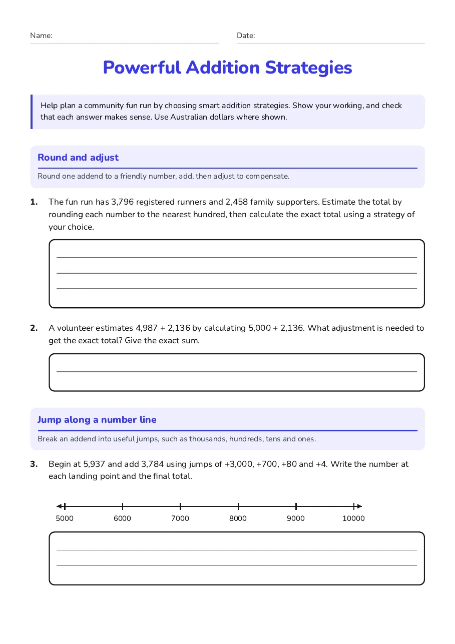 Powerful Addition Strategies, page 1 of 3: Round and adjust, Jump along a number line