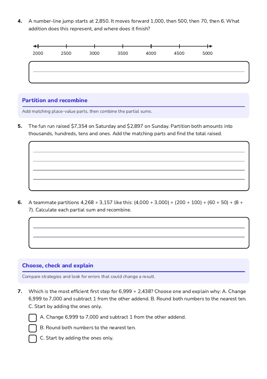 Powerful Addition Strategies, page 2 of 3: Partition and recombine, Choose, check and explain