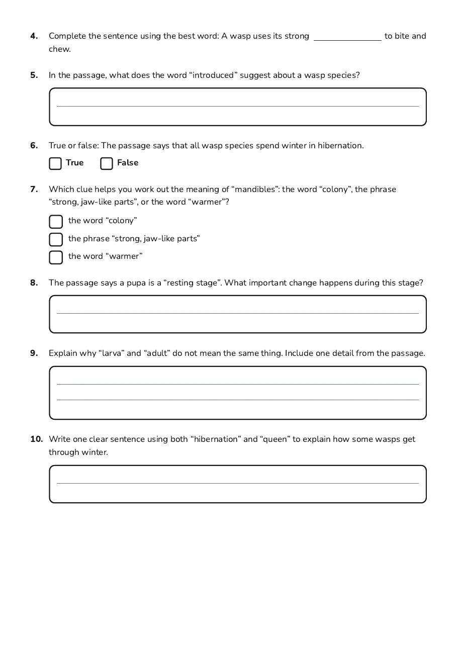 Striped Invader Vocabulary Thinking, page 2 of 2: 4. Complete the sentence using the best word: A wasp uses its strong to bite and