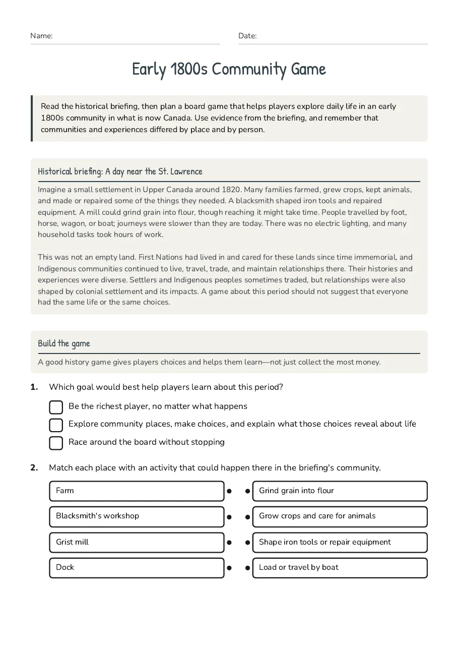 Early 1800s Community Game, page 1 of 3: Historical briefing: A day near the St. Lawrence, Build the game