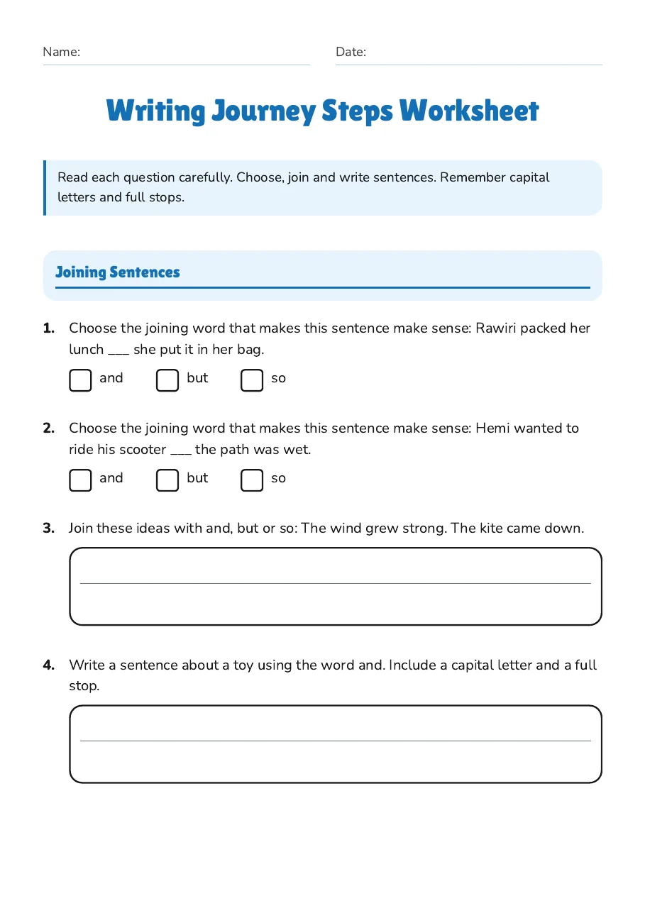 Writing Journey Steps Worksheet, page 1 of 3: Joining Sentences