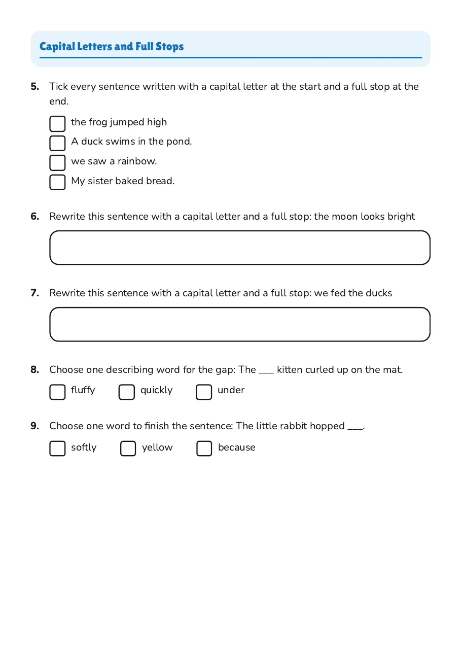 Writing Journey Steps Worksheet, page 2 of 3: Capital Letters and Full Stops