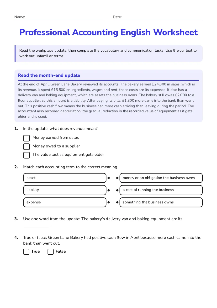 Professional Accounting English Worksheet, page 1 of 2: Read the month-end update
