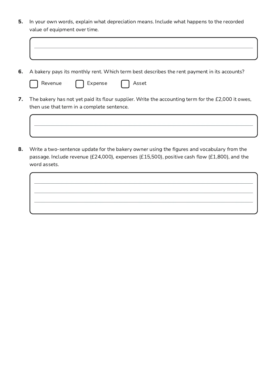 Professional Accounting English Worksheet, page 2 of 2: 5. In your own words, explain what depreciation means. Include what happens to the…