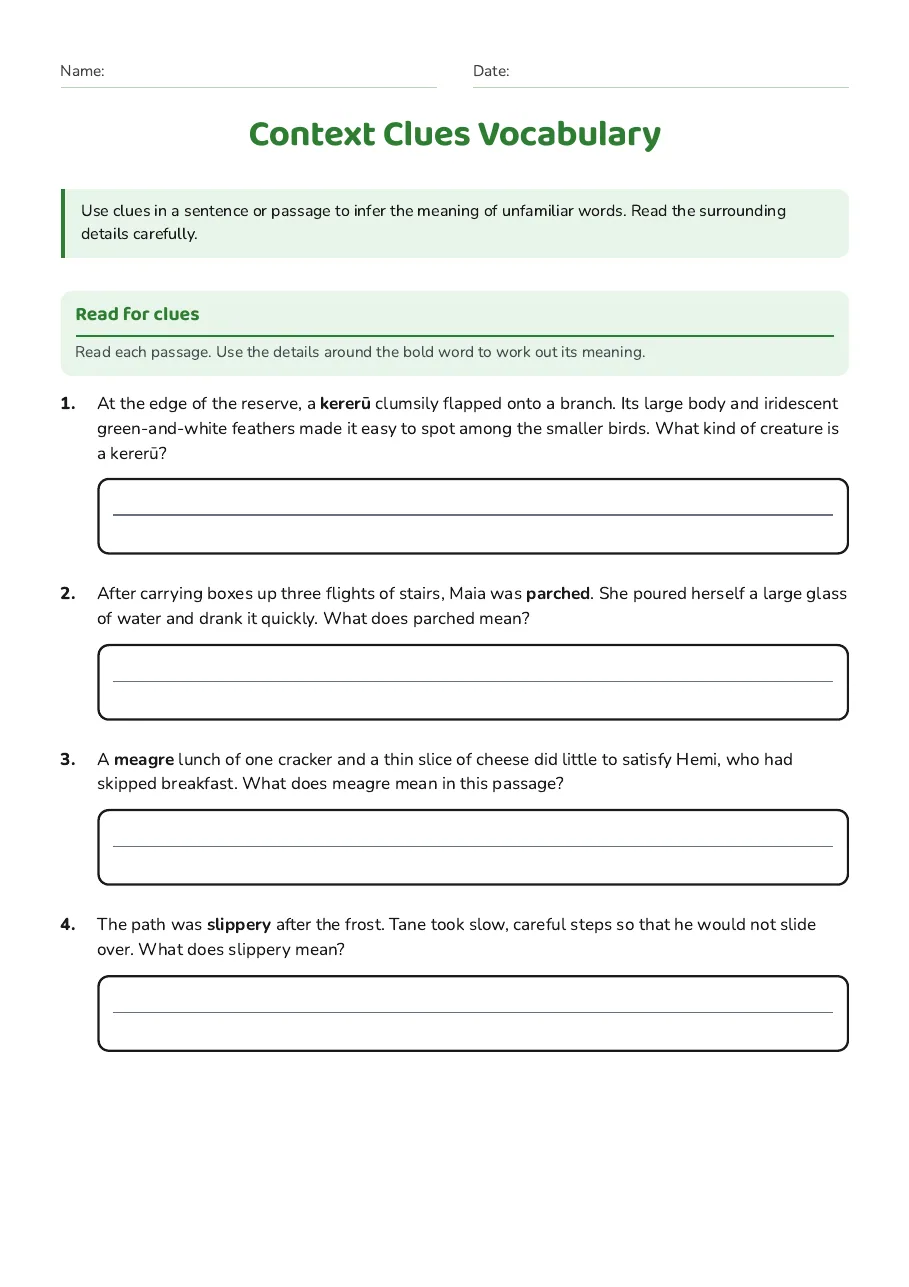Context Clues Vocabulary, page 1 of 3: Read for clues