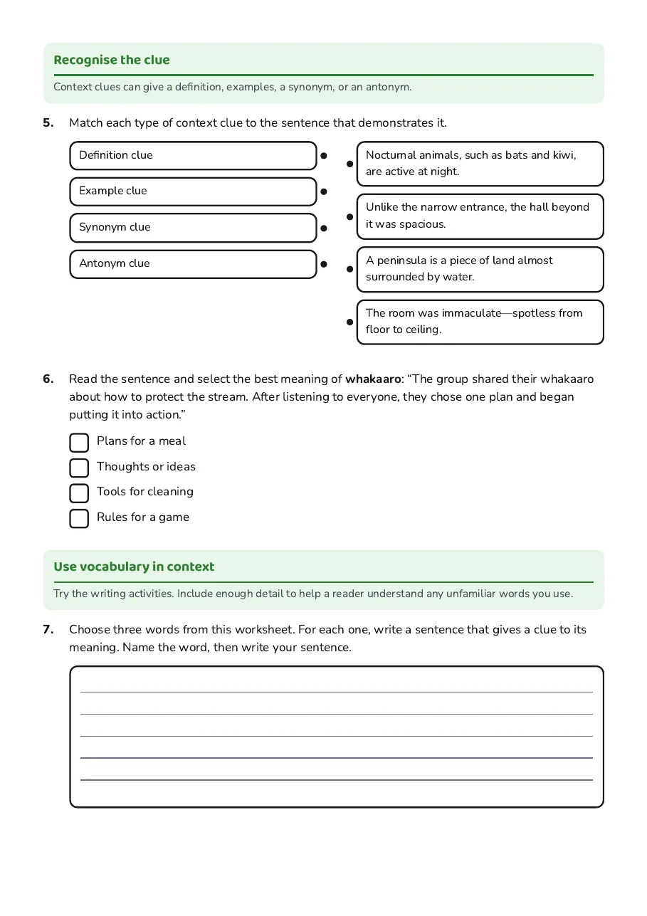 Context Clues Vocabulary, page 2 of 3: Recognise the clue, Use vocabulary in context