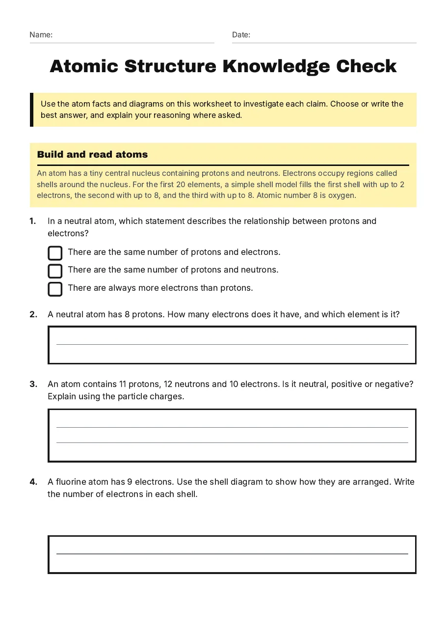 Atomic Structure Knowledge Check, page 1 of 3: Build and read atoms
