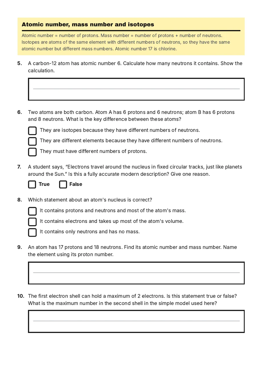 Atomic Structure Knowledge Check, page 2 of 3: Atomic number, mass number and isotopes