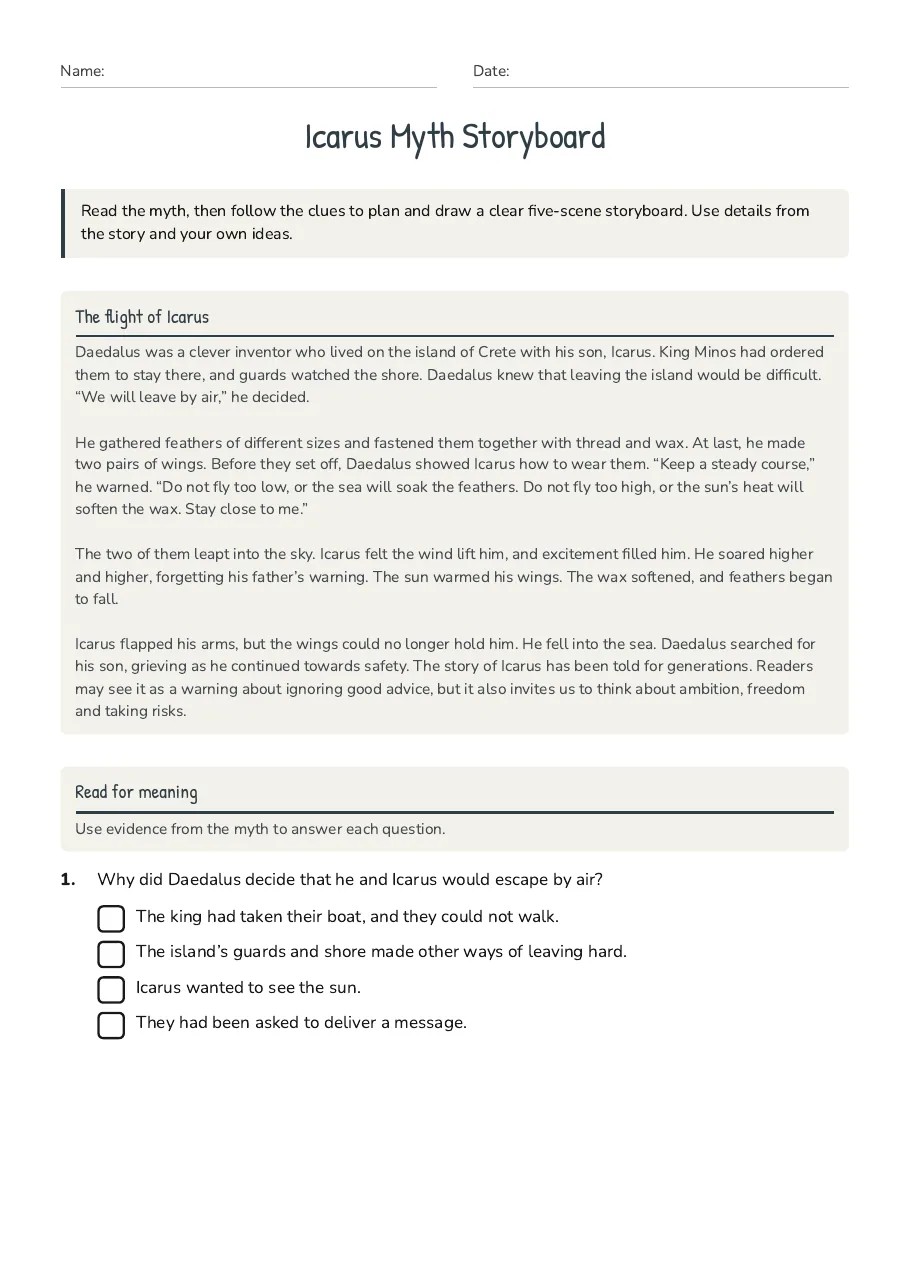 Icarus Myth Storyboard, page 1 of 4: The flight of Icarus, Read for meaning
