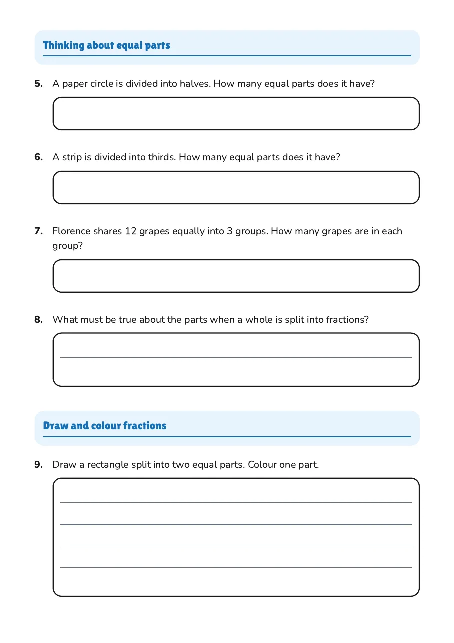 Halves and Thirds Practice, page 2 of 4: Thinking about equal parts, Draw and colour fractions