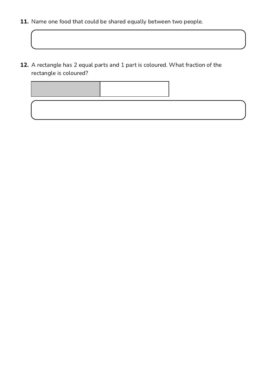 Halves and Thirds Practice, page 4 of 4: 11. Name one food that could be shared equally between two people.