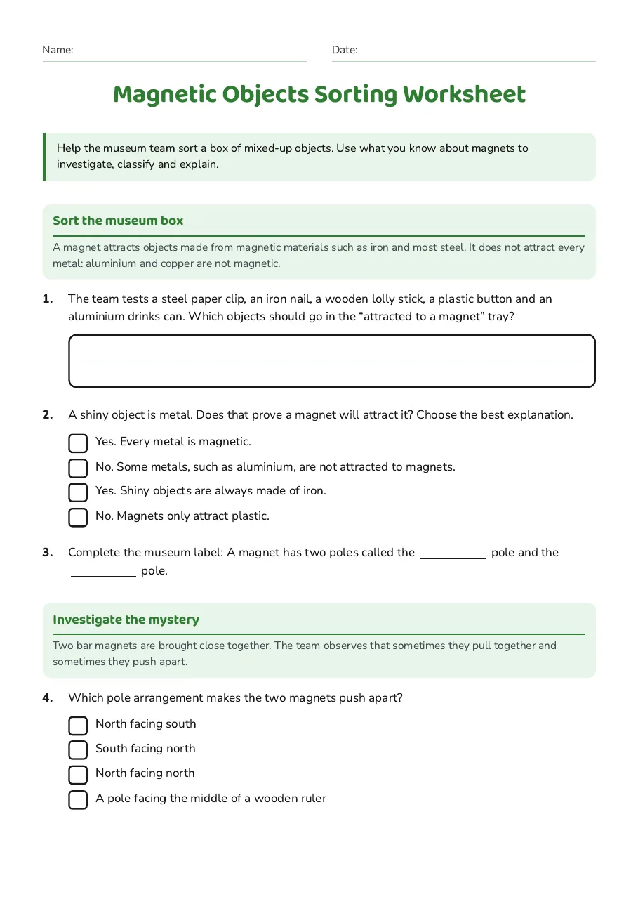 Magnetic Objects Sorting Worksheet, page 1 of 3: Sort the museum box, Investigate the mystery