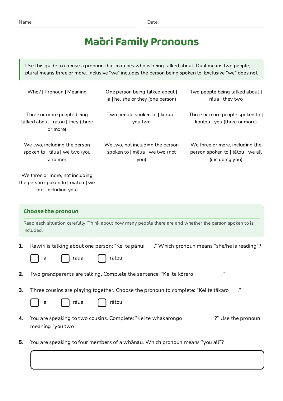 Māori Family Pronouns, page 1 of 2: Choose the pronoun