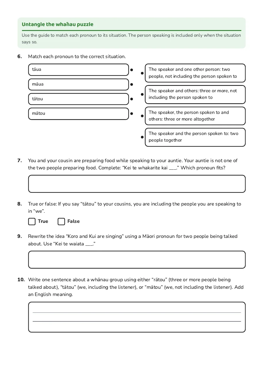 Māori Family Pronouns, page 2 of 2: Untangle the whānau puzzle